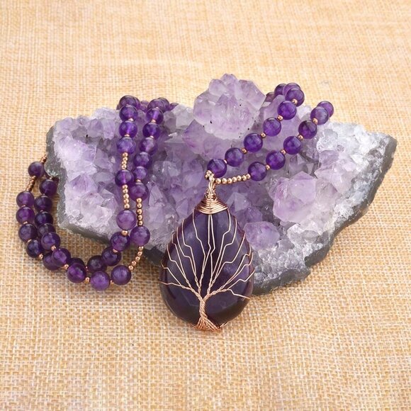 Healing Amethyst Necklace Natural Stone Wire Wrapped Pendant for Meditation - Picture 3 of 9